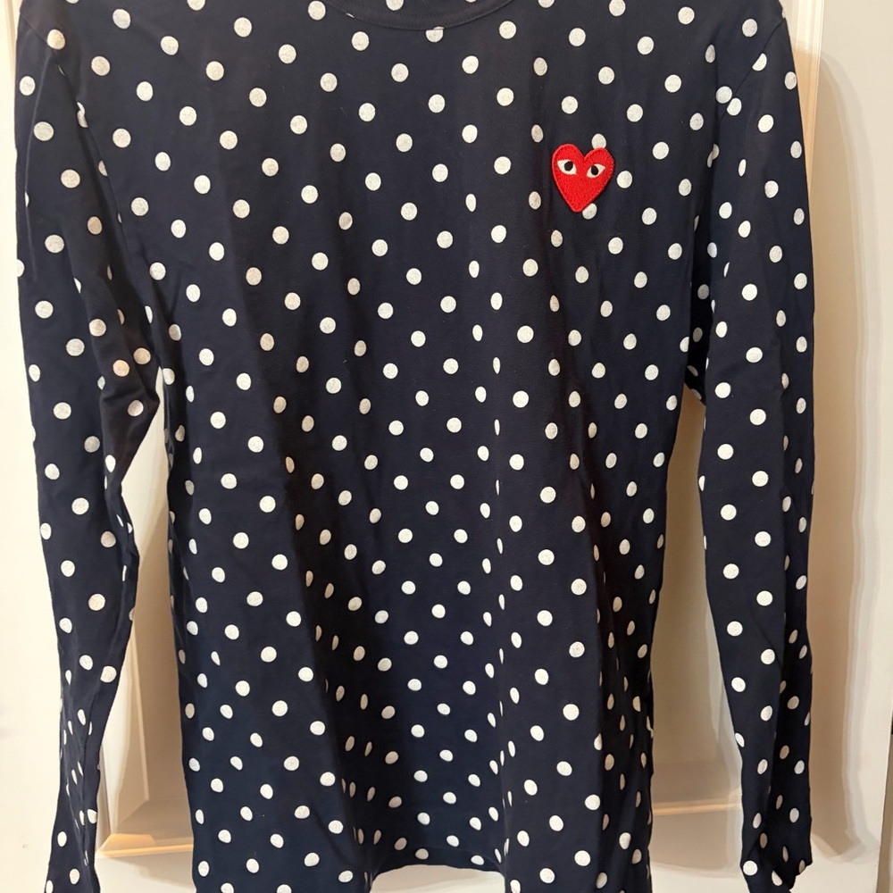 Comme des Garçons Navy Polka Dot Long Sleeve Tee with Red Heart Patch